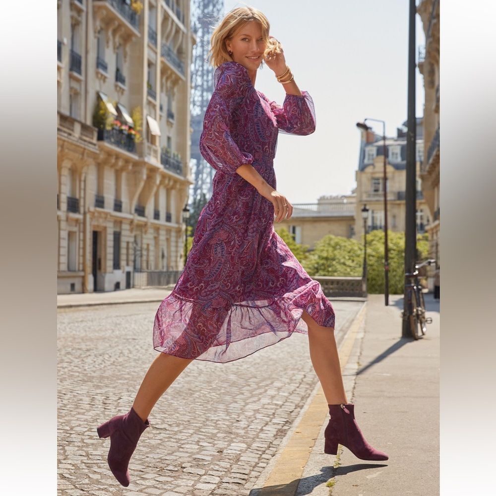 Talbots Midi Fit Flare Dress Metallic Paisley Fairy Fall Women Dress Petite 10P